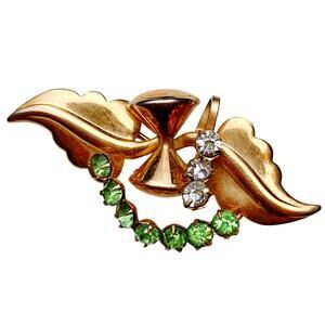Unusual WWII Wartime Era Hourglass Leaf Brooch, Gold Tone & Green Rhinestones